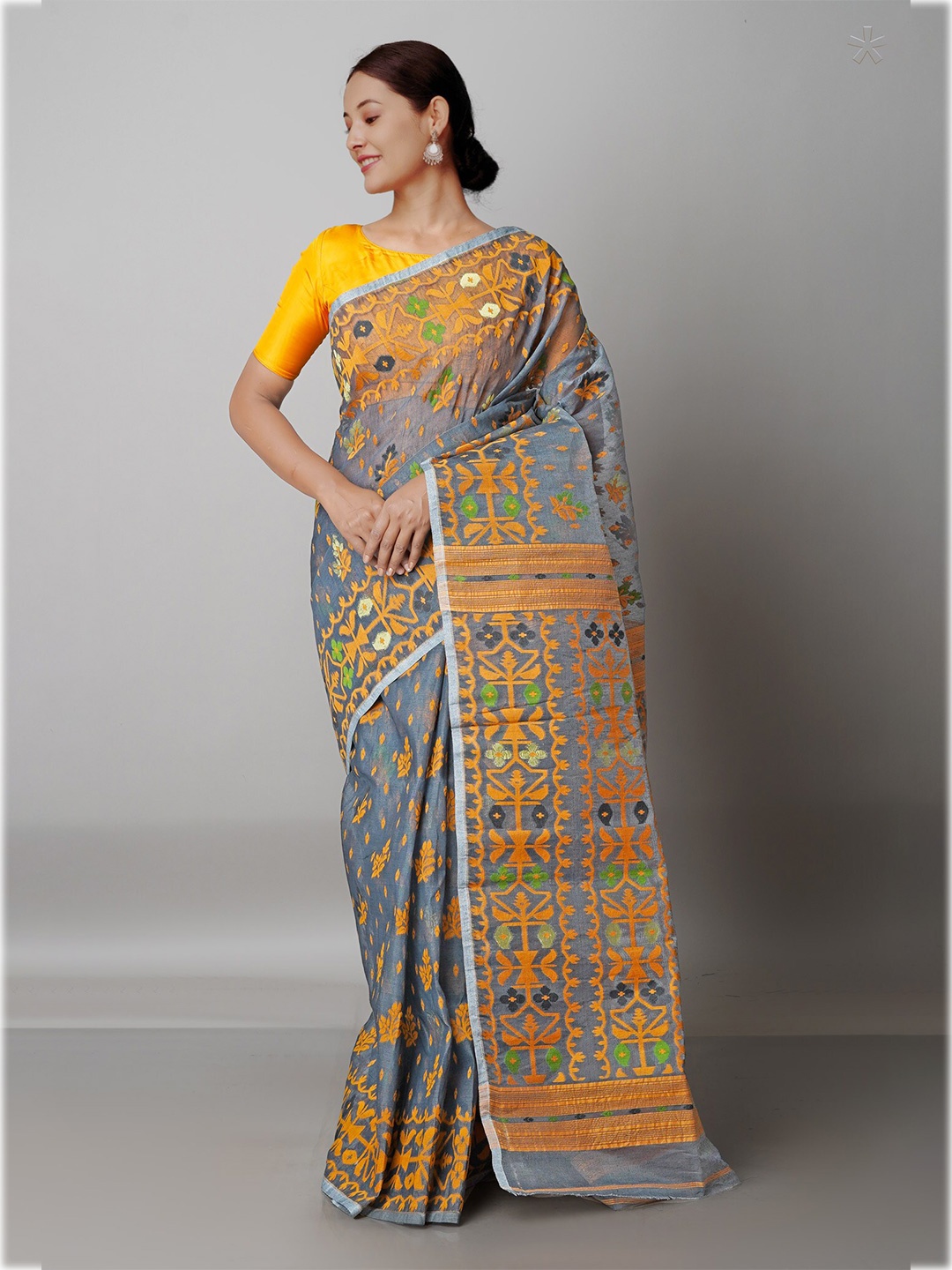 

Unnati Silks Grey & Yellow Ethnic Motifs Pure Cotton Jamdani Saree