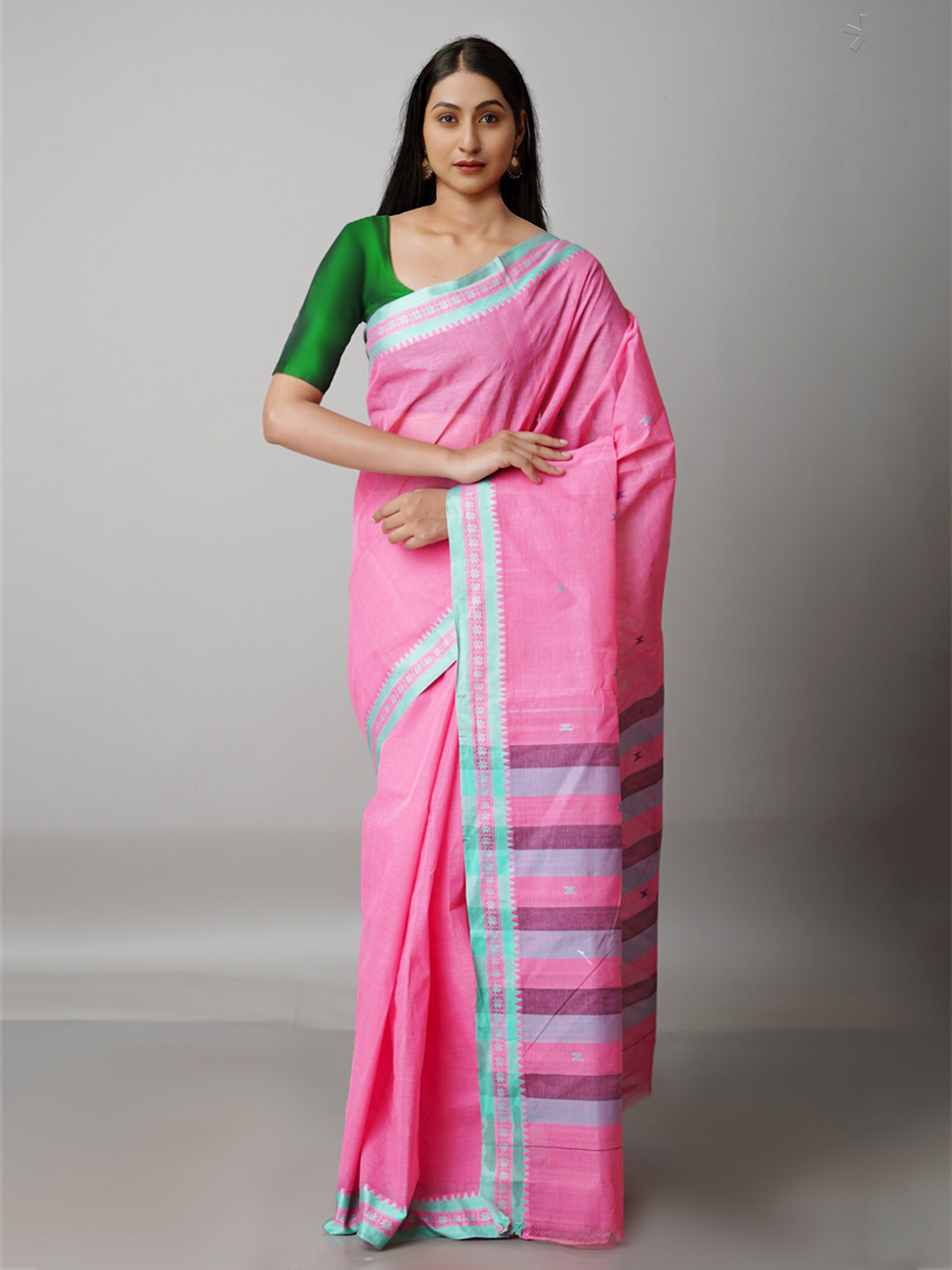

Unnati Silks Pink & Blue Zari Pure Cotton Jamdani Saree