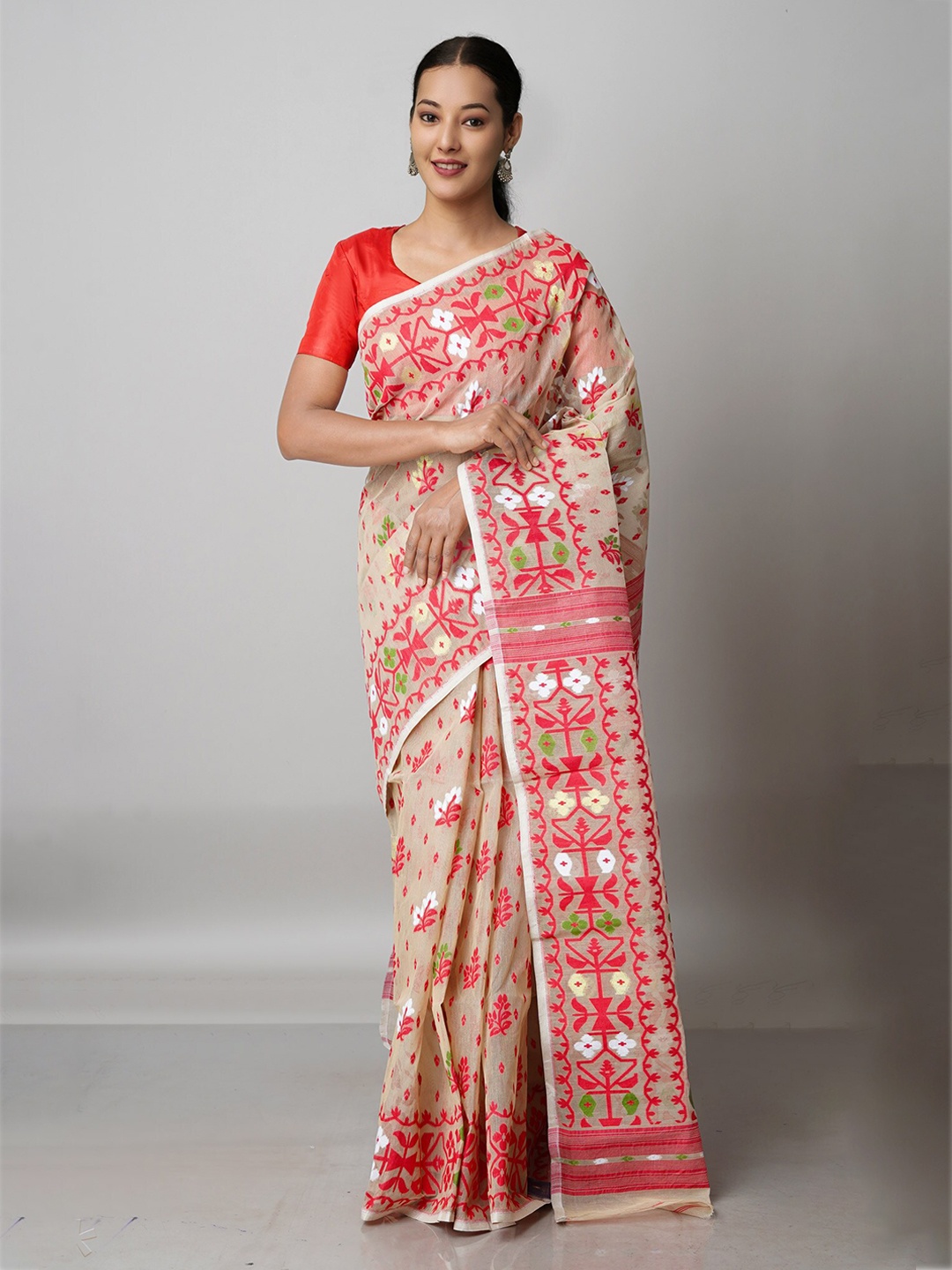 

Unnati Silks Beige & Red Ethnic Motifs Pure Cotton Jamdani Saree