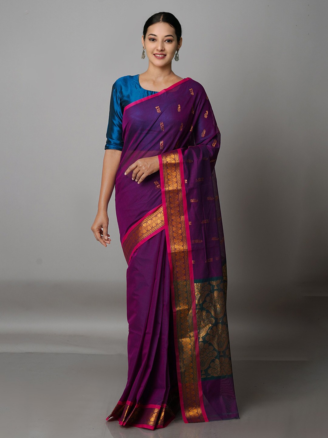 

Unnati Silks Purple & Blue Ethnic Motifs Handloom Pure Cotton Gadwal Zari Saree