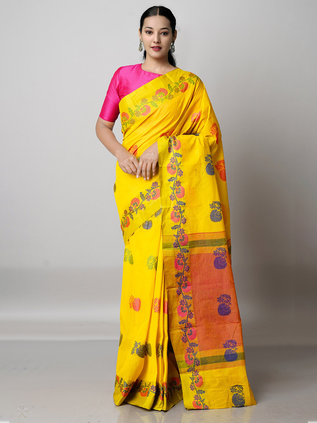 

Unnati Silks Yellow & Pink Ethnic Motifs Pure Cotton Jamdani Saree