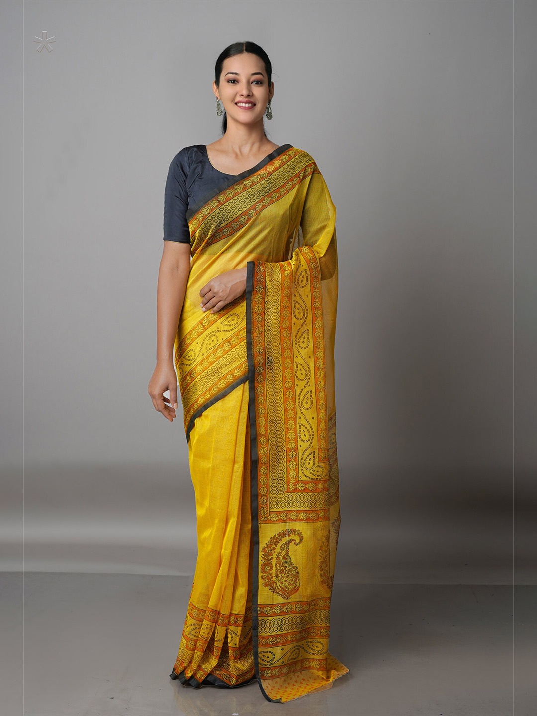 

Unnati Silks Yellow & Orange Ethnic Motifs Silk Cotton Block Print Saree