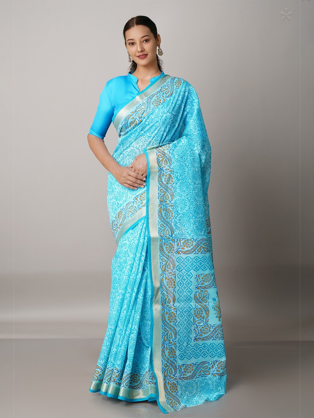 

Unnati Silks Blue & Orange Ethnic Motifs Zari Mangalagiri Saree