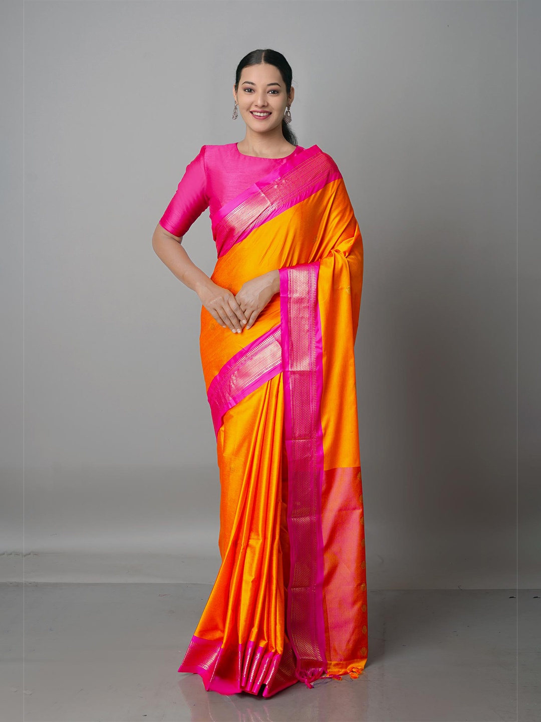 

Unnati Silks Yellow & Pink Woven Design Zari Silk Blend Kanjeevaram Saree