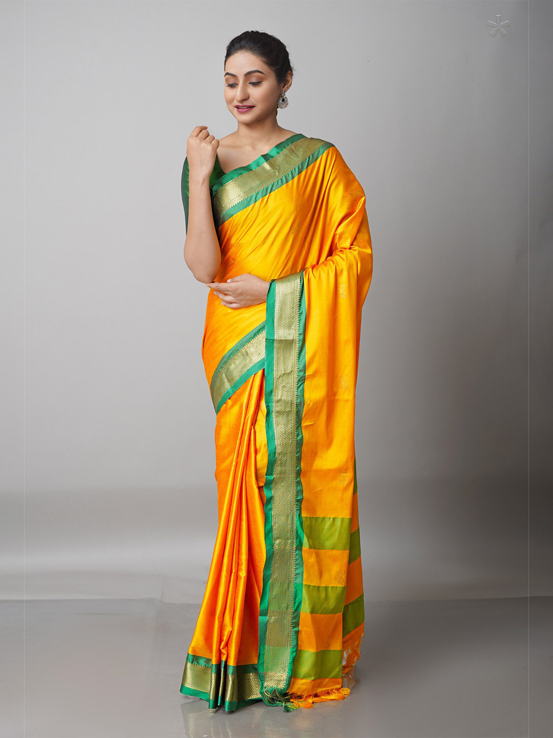 

Unnati Silks Yellow & Green Woven Design Zari Silk Blend Kanjeevaram Saree