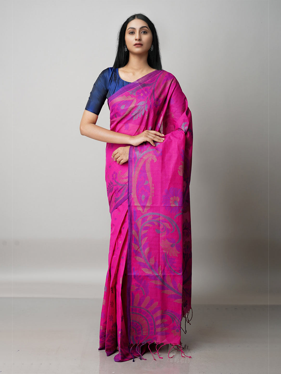 

Unnati Silks Magenta & Blue Woven Design Pure Cotton Jamdani Saree