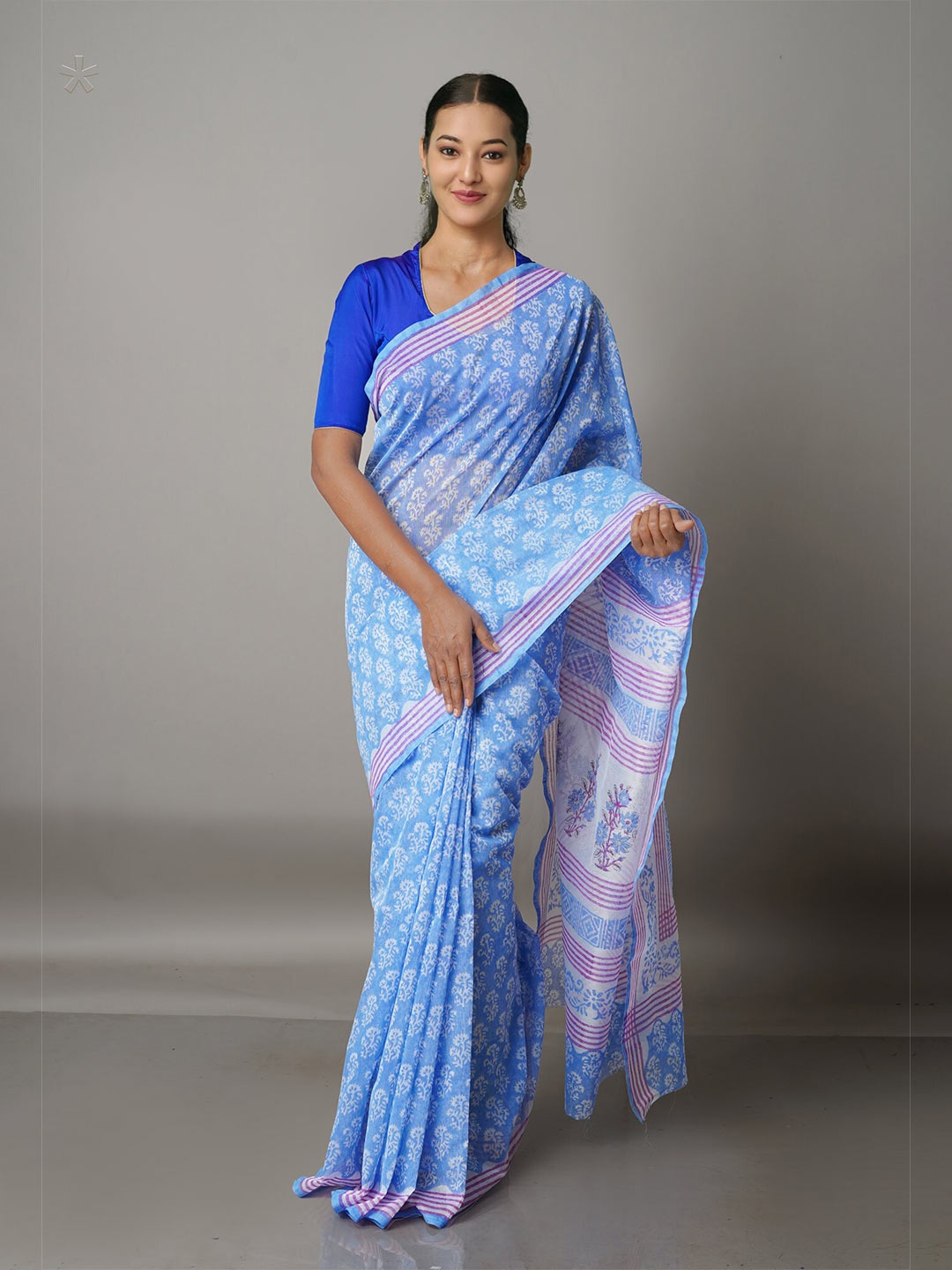

Unnati Silks Blue & White Ethnic Motifs Silk Cotton Block Print Saree