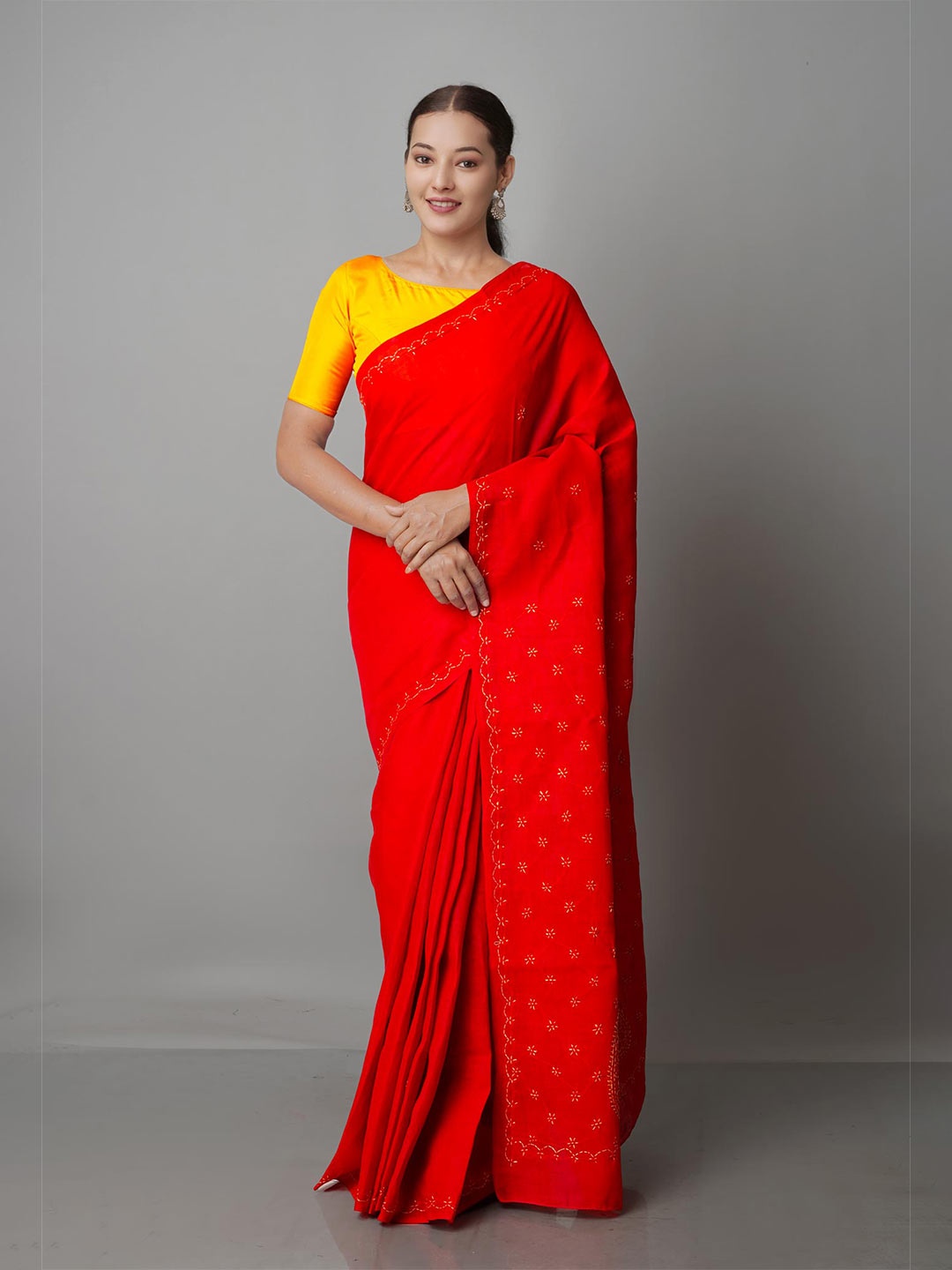 

Unnati Silks Red Ethnic Motifs Embroidered Bhagalpuri Saree