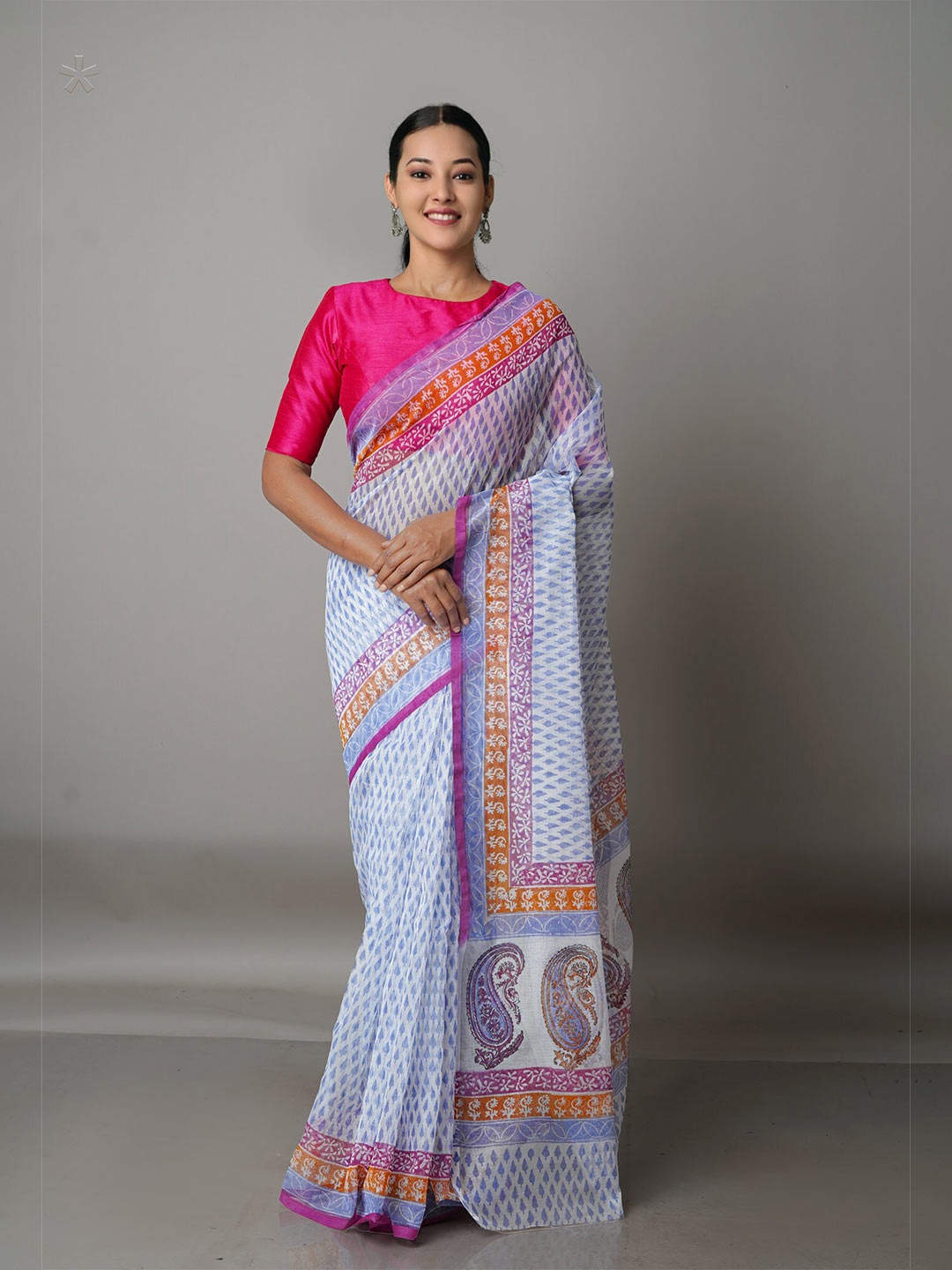 

Unnati Silks White & Pink Ethnic Motifs Silk Cotton Block Print Saree