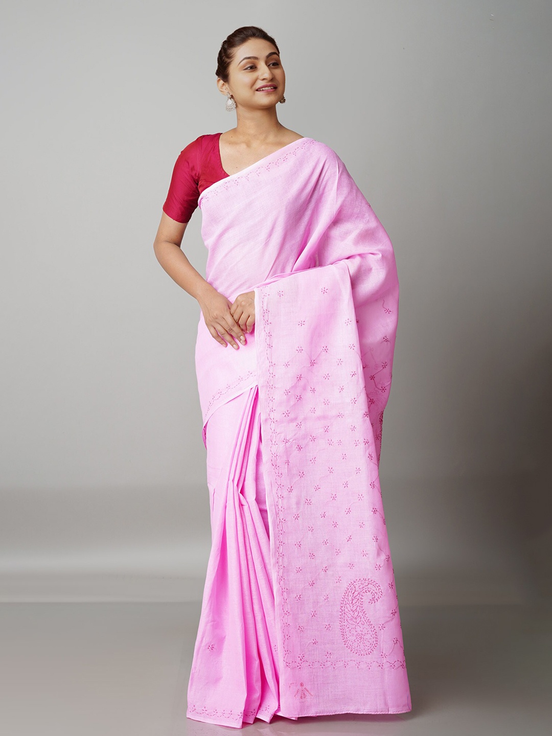 

Unnati Silks Pink Ethnic Motifs Chikankari Bhagalpuri Saree