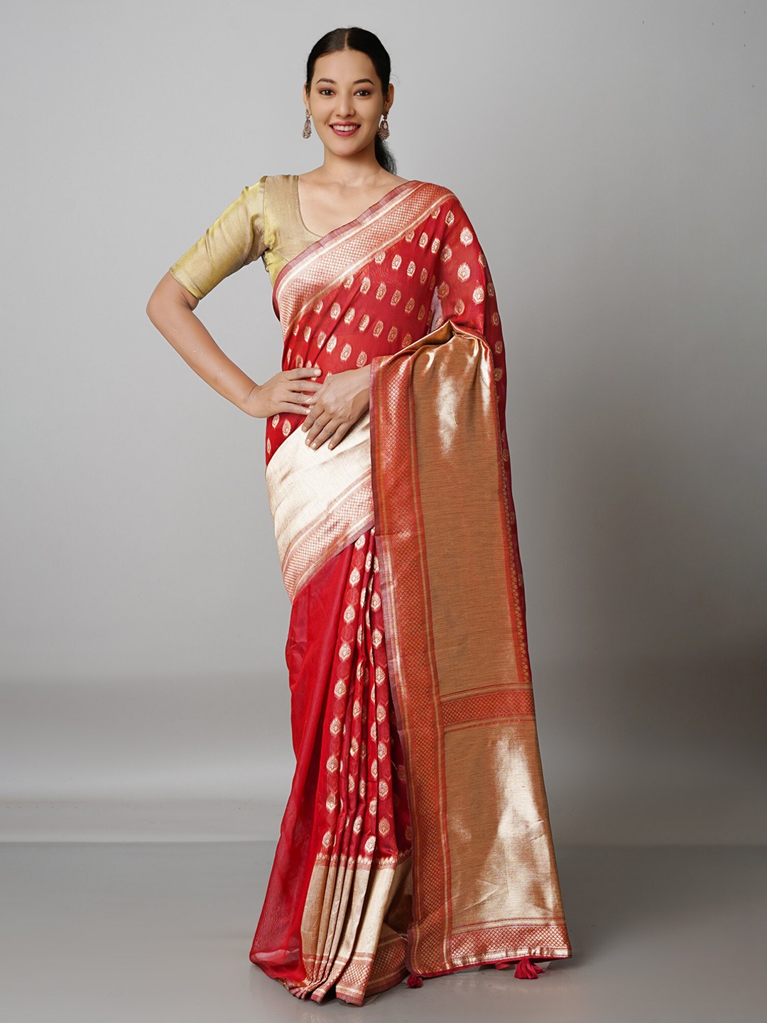 

Unnati Silks Red & Gold-Toned Woven Design Zari Silk Blend Banarasi Saree