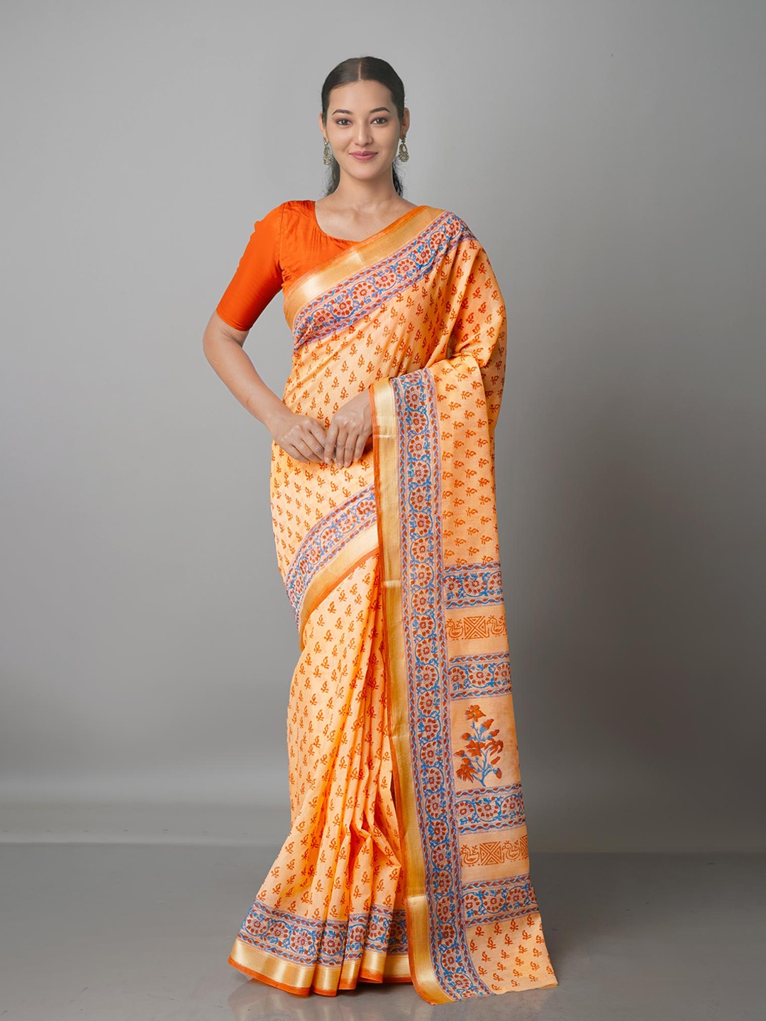 

Unnati Silks Orange & Blue Ethnic Motifs Mangalagiri Saree