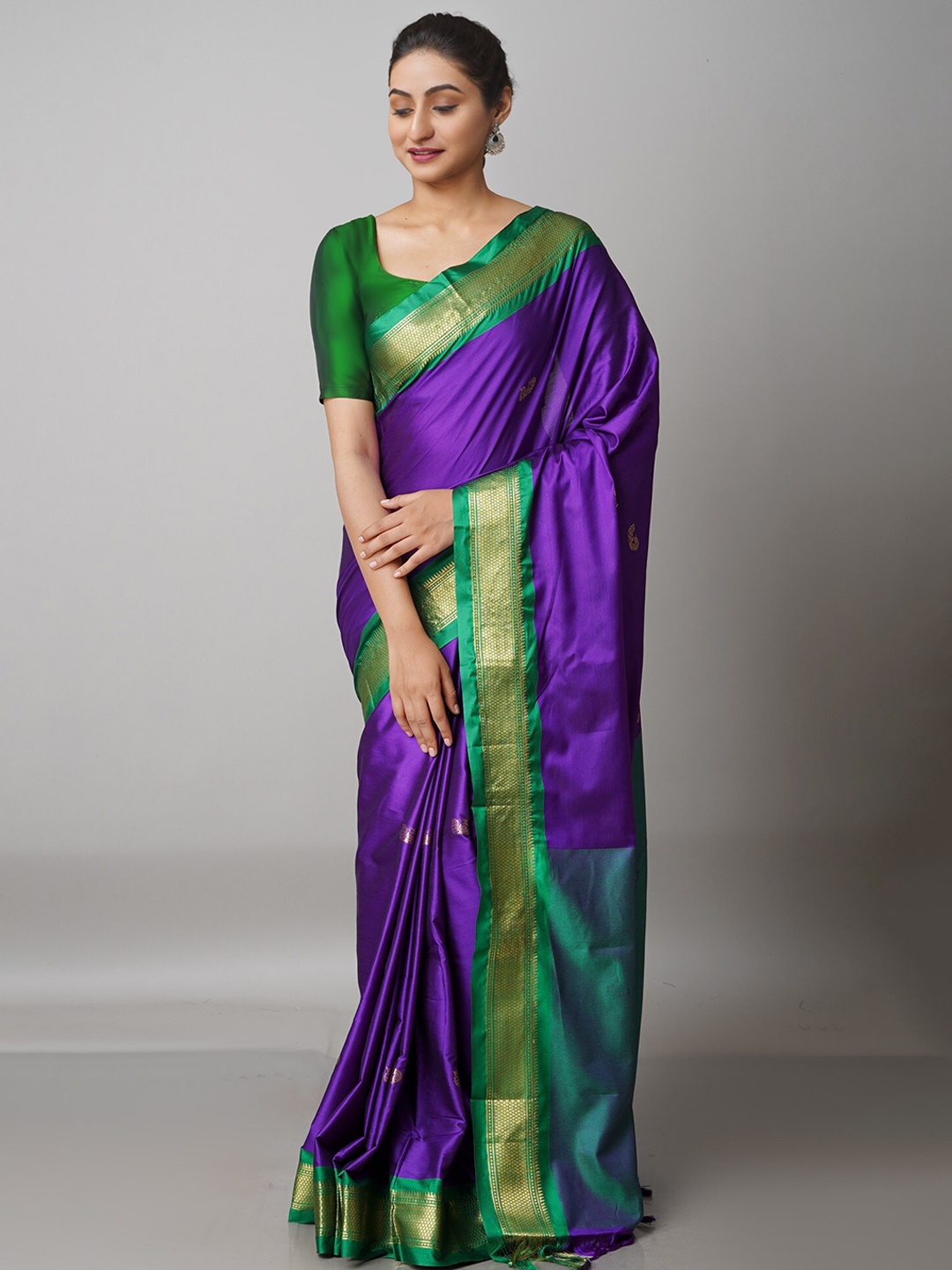 

Unnati Silks Violet & Green Woven Design Kanjeevaram Zari Saree