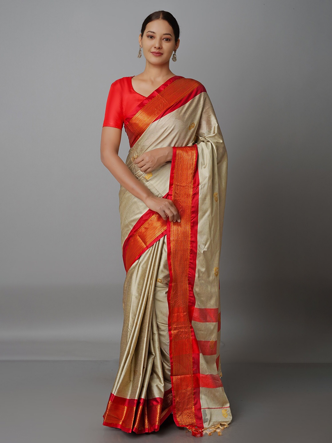 

Unnati Silks Grey & Red Woven Design Kanjeevaram Zari Saree