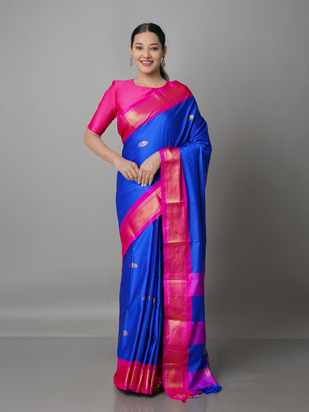 

Unnati Silks Blue & Pink Woven Design Kanjeevaram Zari Saree
