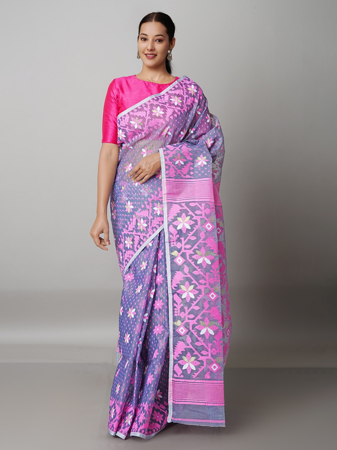

Unnati Silks Grey & Pink Woven Design Pure Cotton Handloom Jamdani Saree