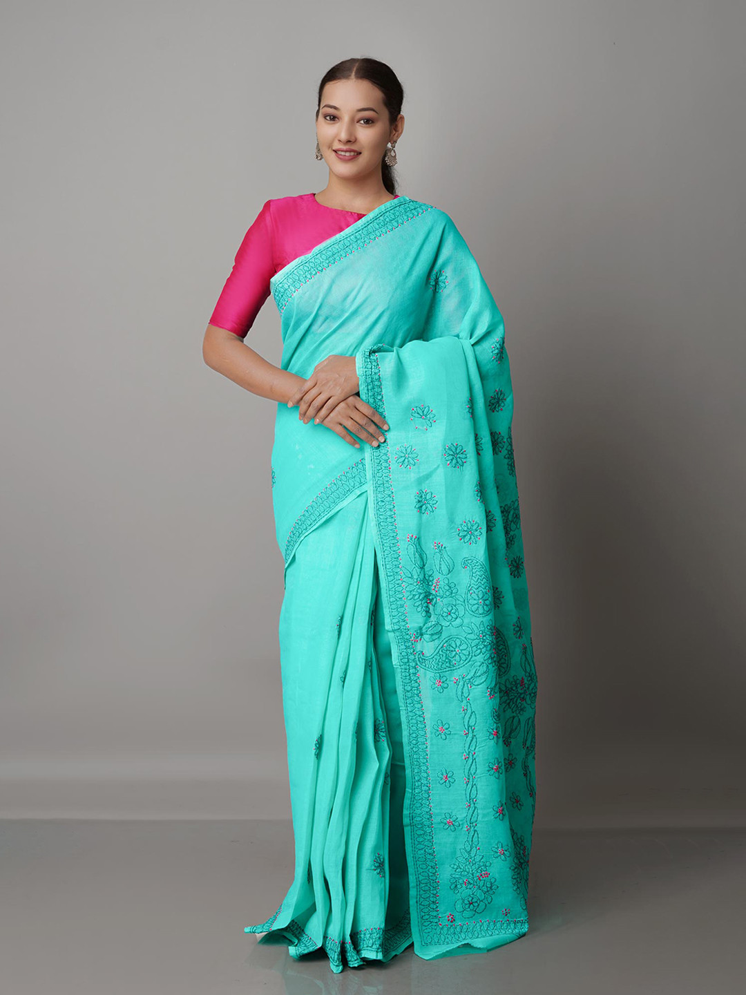 

Unnati Silks Teal & Pink Floral Chikankari Bhagalpuri Saree