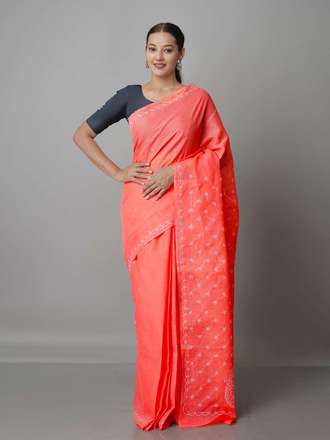 

Unnati Silks Peach-Coloured & White Floral Chikankari Bhagalpuri Saree