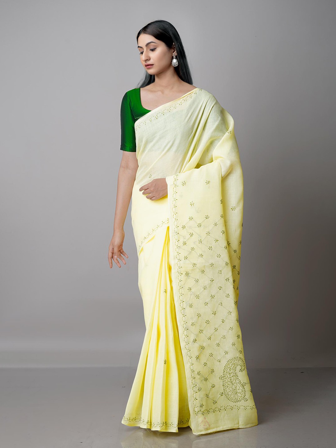 

Unnati Silks Yellow & Green Floral Chikankari Bhagalpuri Saree
