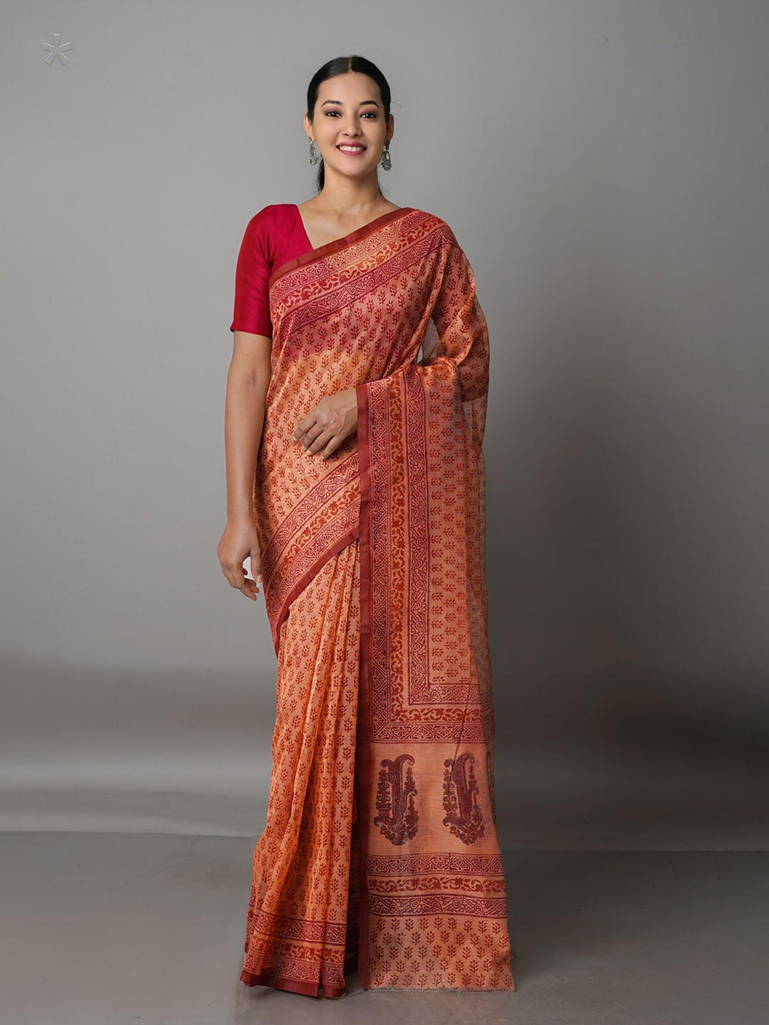 

Unnati Silks Orange & Maroon Ethnic Motifs Block Print Silk Cotton Saree