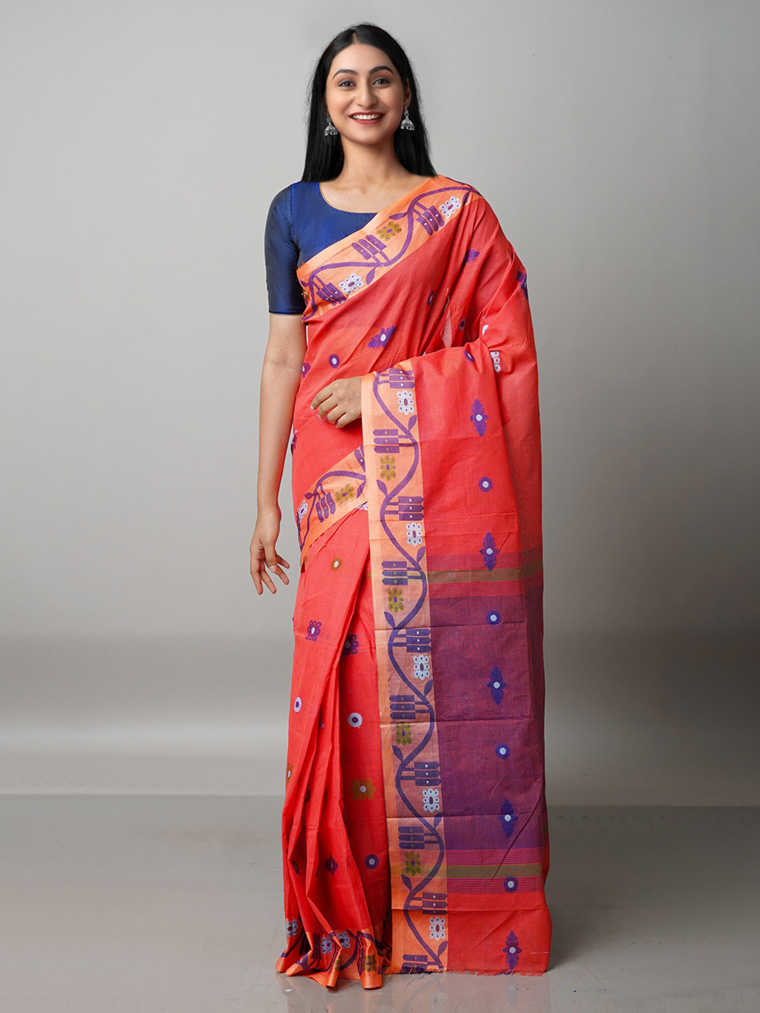 

Unnati Silks Peach-Coloured & Blue Ethnic Motifs Pure Cotton Handloom Jamdani Saree