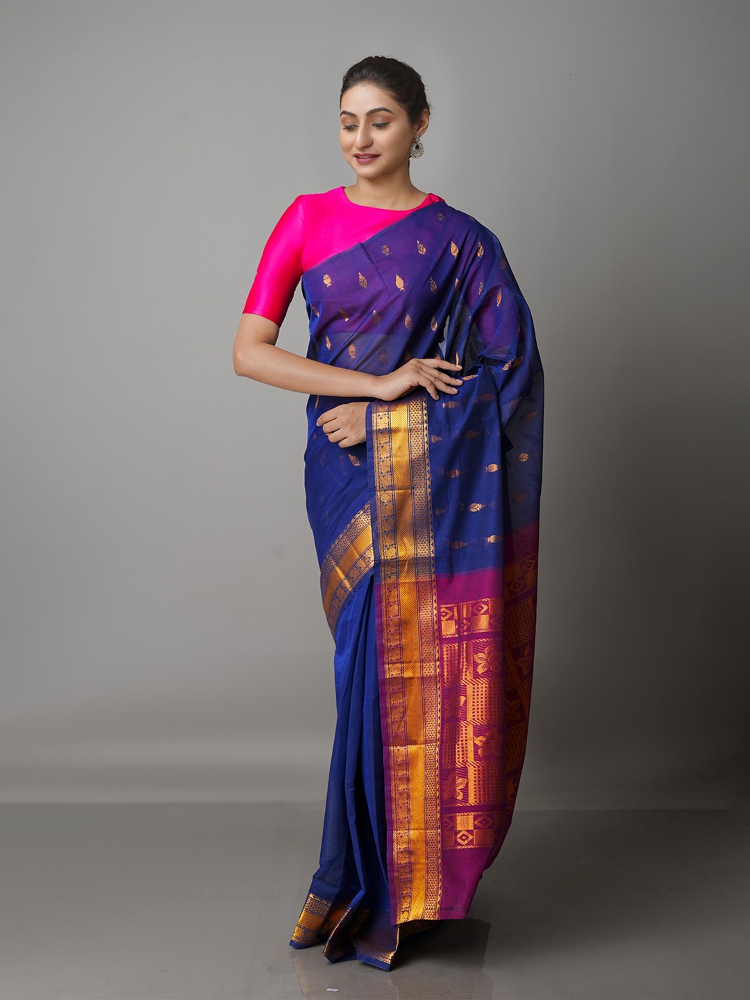 

Unnati Silks Navy Blue & Pink Woven Design Pure Cotton Handloom Gadwal Zari Saree