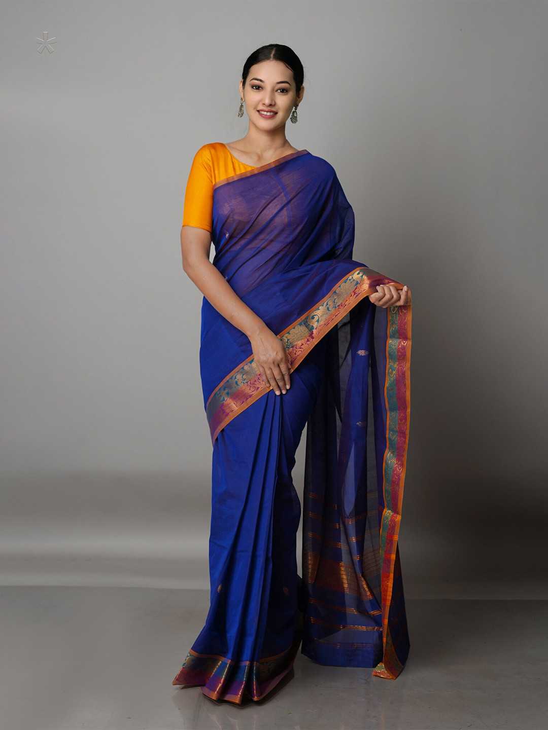 

Unnati Silks Blue & Orange Pure Cotton Gadwal Zari Saree