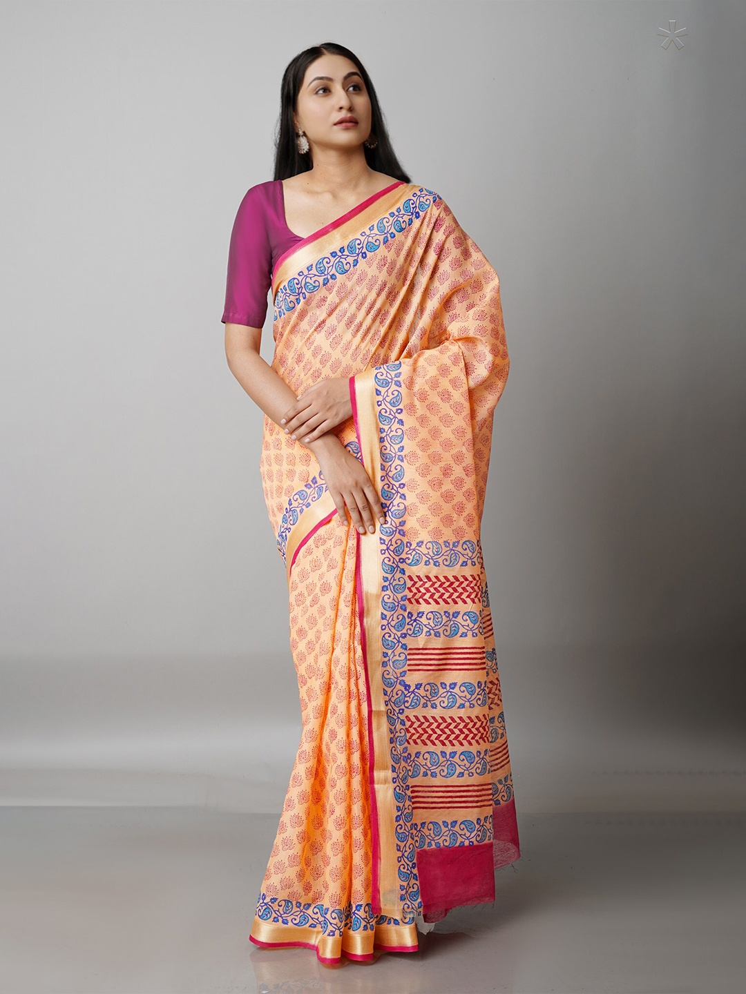 

Unnati Silks Orange & Blue Ethnic Motifs Block Print Mangalagiri Zari Saree