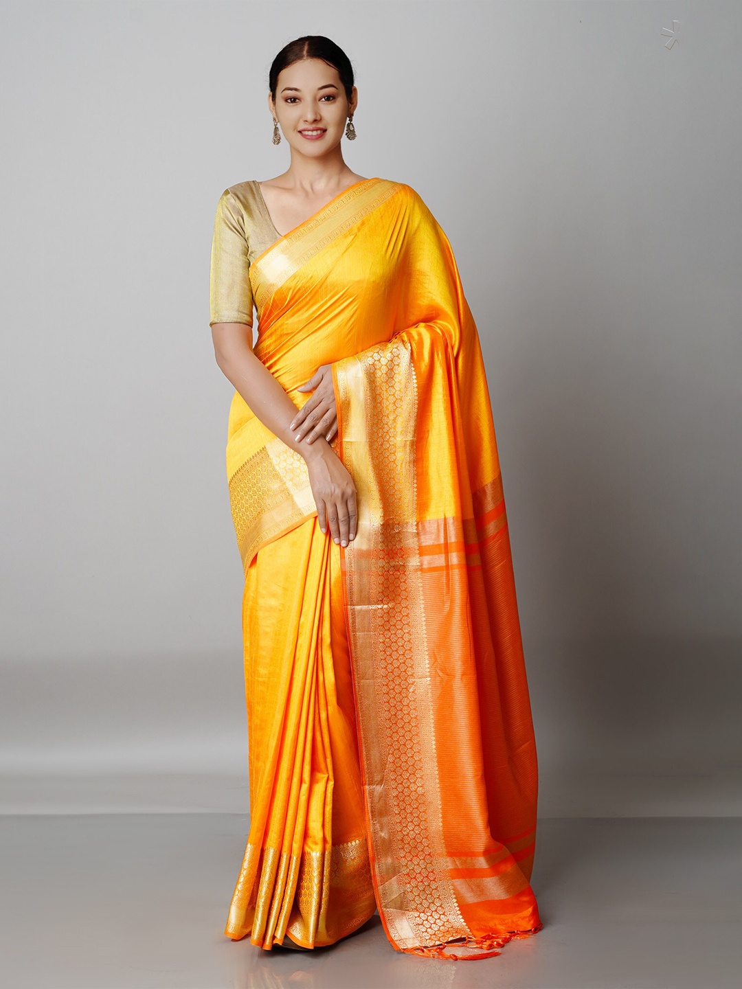 

Unnati Silks Yellow & Gold-Toned Banarasi Zari Saree