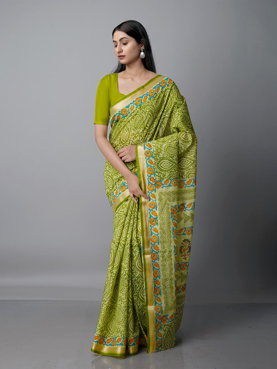 

Unnati Silks Green & Blue Ethnic Motifs Block Print Pure Cotton Mangalagiri Saree