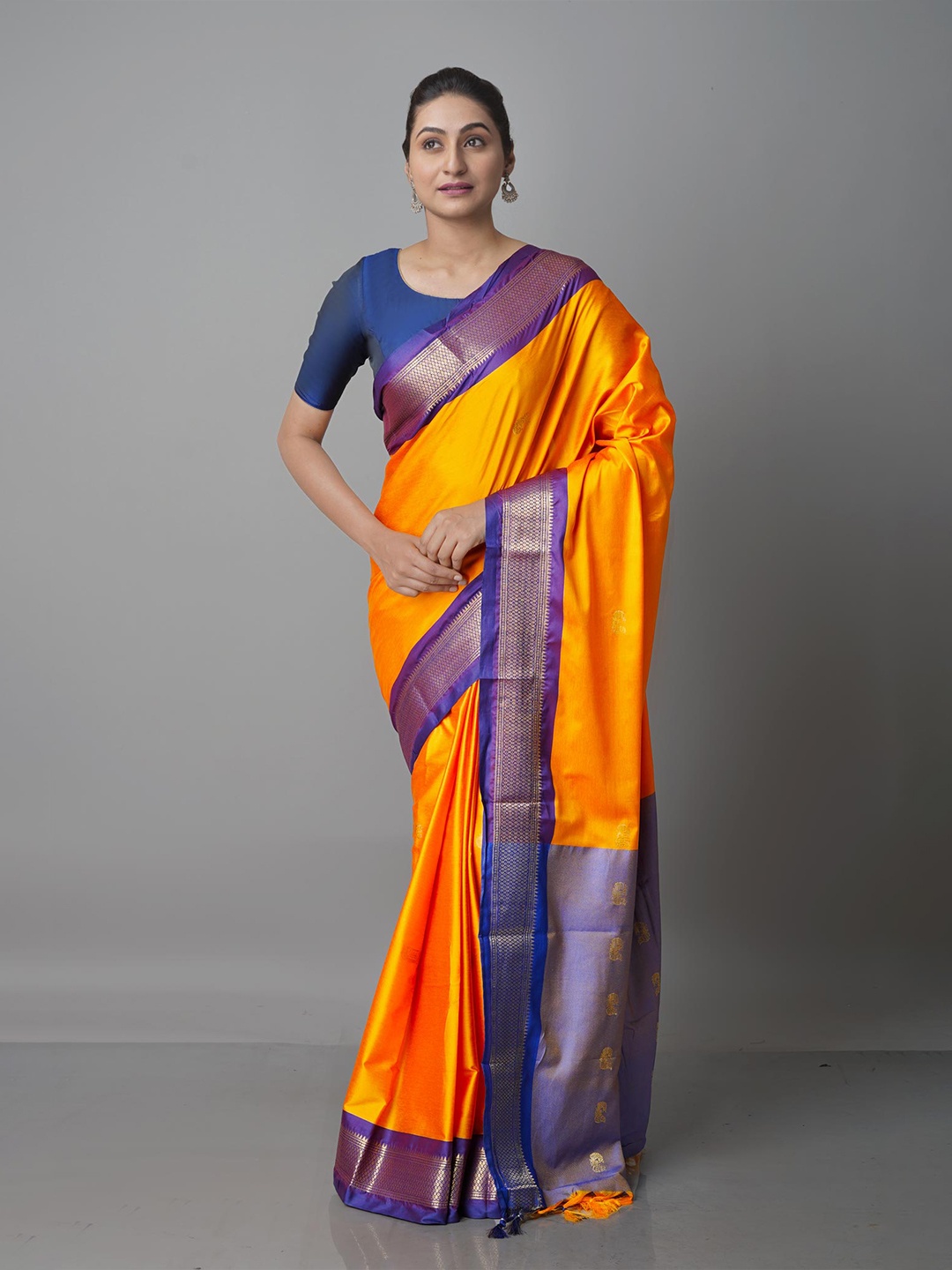 

Unnati Silks Yellow & Blue Woven Design Kanjeevaram Zari Saree