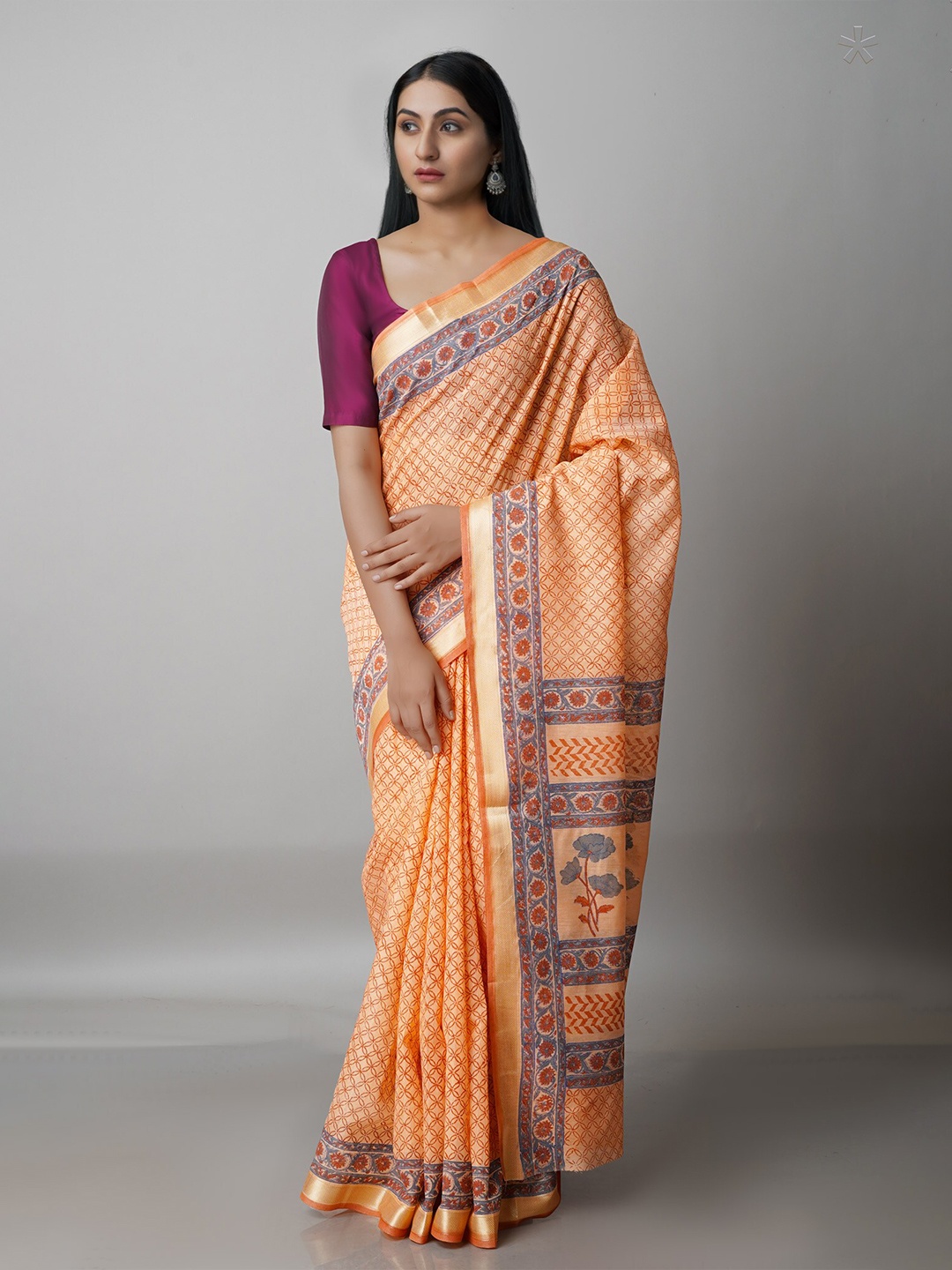 

Unnati Silks Orange & Gold-Toned Ethnic Motifs Mangalagiri Zari Saree