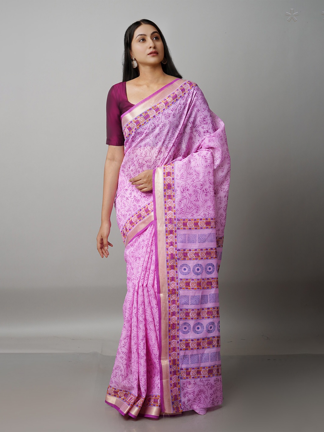 

Unnati Silks Pink & Purple Ethnic Motifs Block Printed Mangalagiri Zari Saree