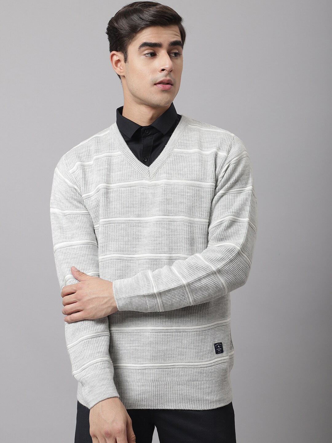 

Cantabil Men Grey Melange & White Striped V-Neck Pullover