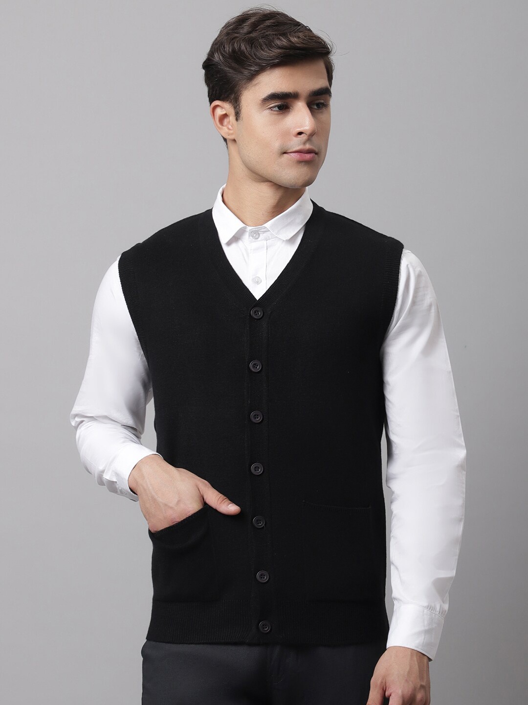 

Cantabil Men Black Solid V-Neck Cardigan