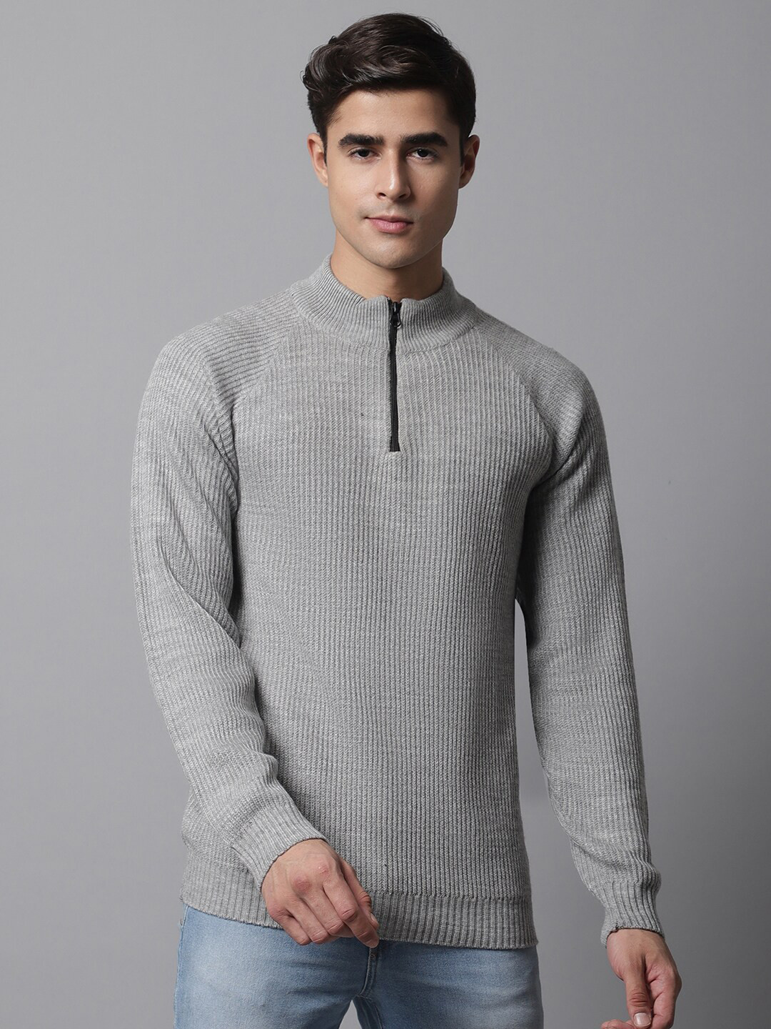 

Cantabil Men Grey Melange Mock Collar Pullover