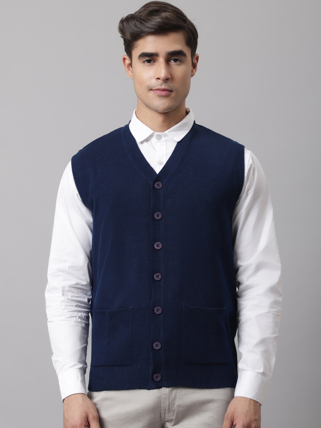

Cantabil Men Navy Blue Solid V-Neck Cardigan