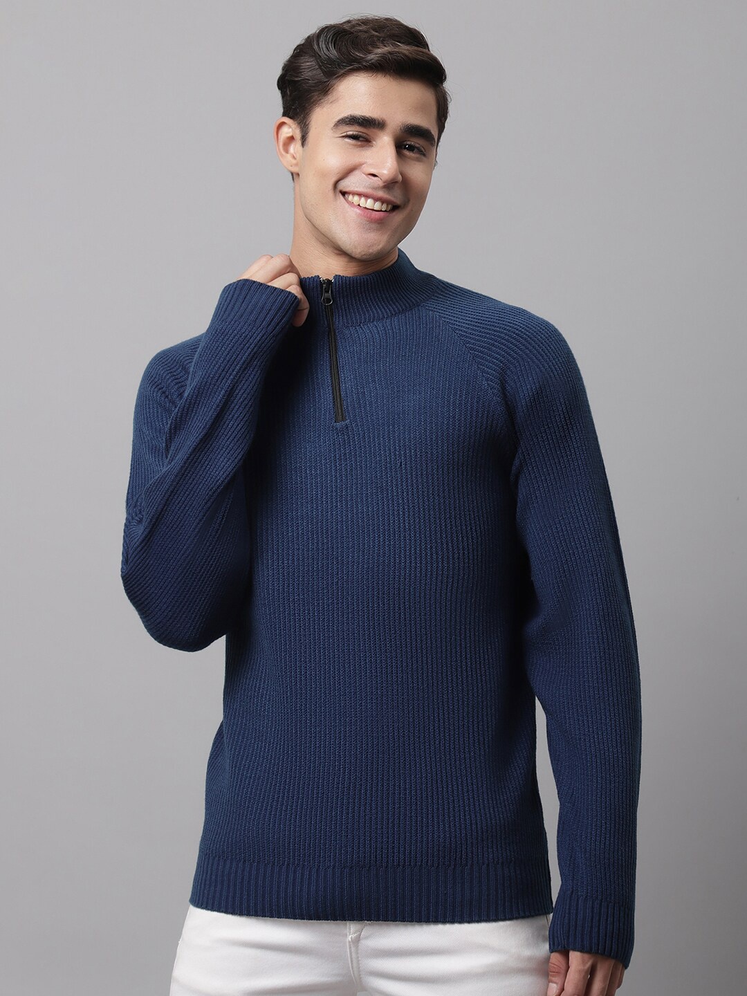 

Cantabil Men Blue Ribbed Mock Collar Pullover