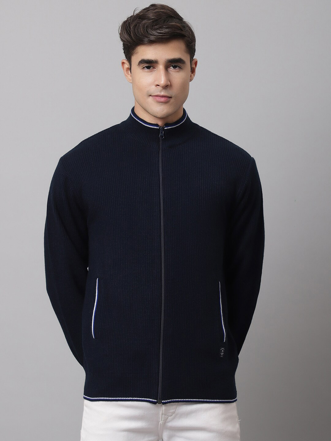 

Cantabil Men Navy Blue Solid Round Neck Cardigan