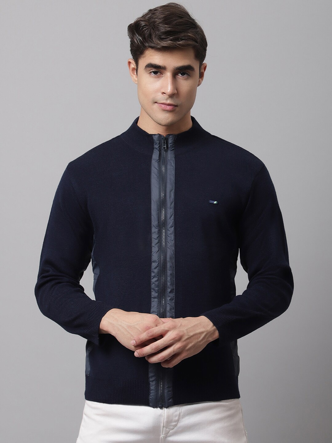 

Cantabil Men Navy Blue Colourblocked Mock Collar Cardigan