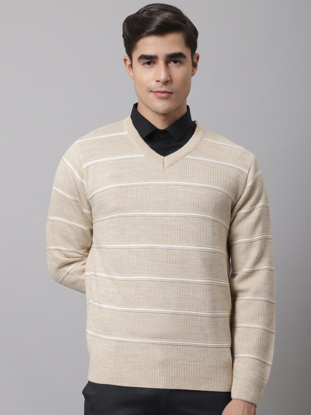 

Cantabil Men Beige & White Striped V-Neck Pullover