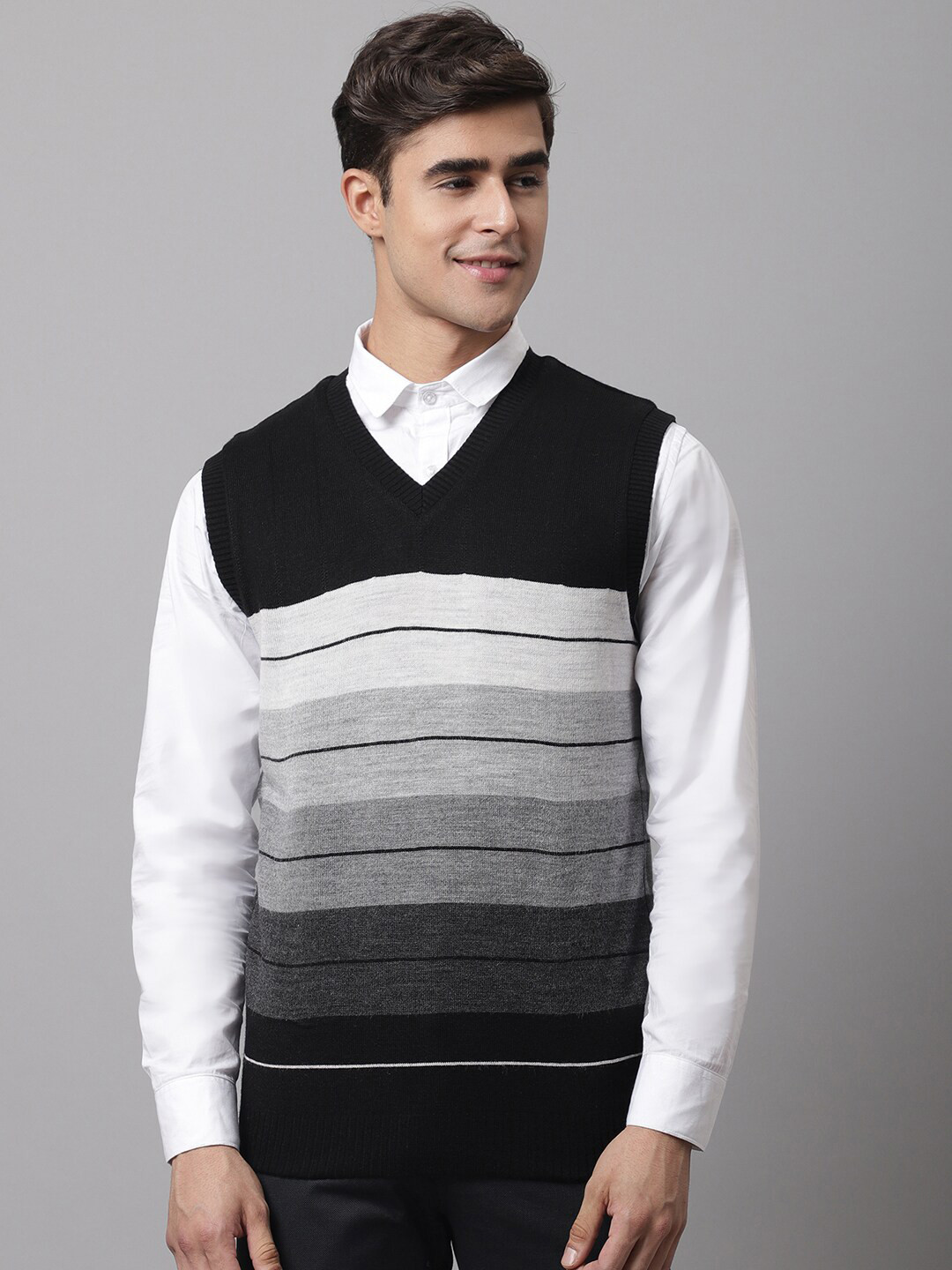 

Cantabil Men Black & White Striped Sweater Vest