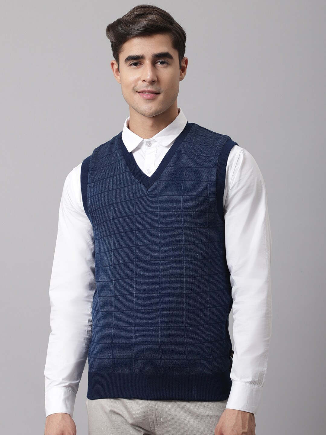 

Cantabil Men Blue Striped V-Neck Sweater Vest