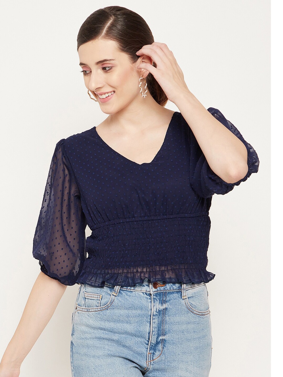 

Bitterlime Women Navy Blue Smocked Dobby Cinched Waist Crop Top