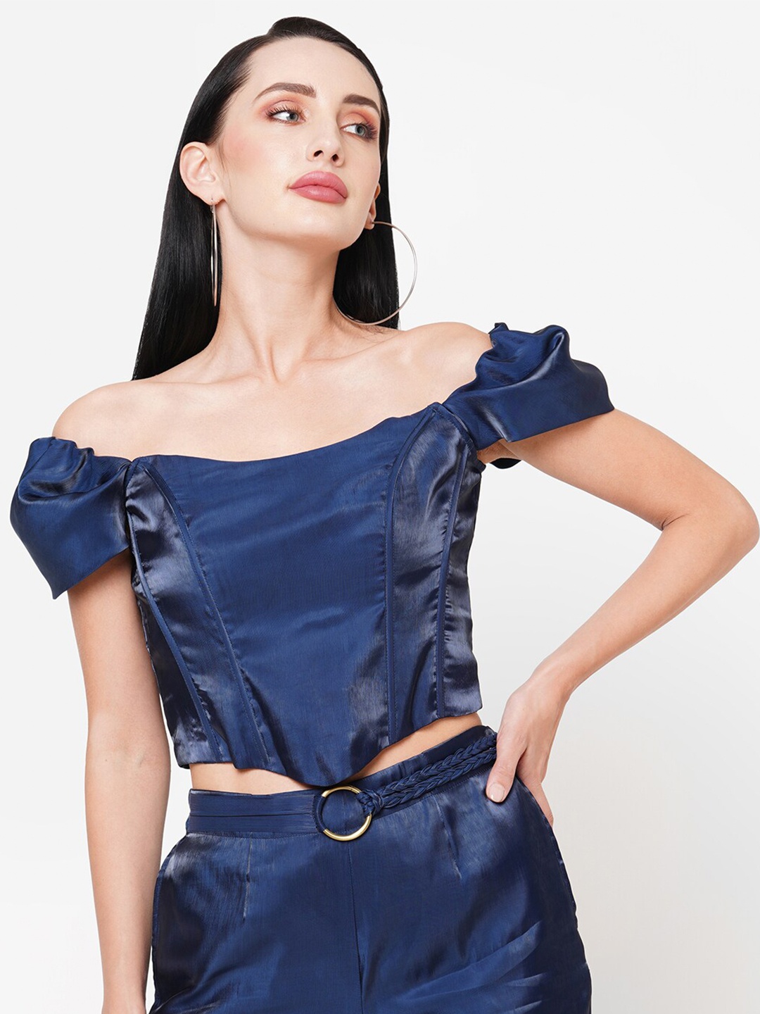 

MISH Navy Blue Off-Shoulder Sheen Bardot Crop Top
