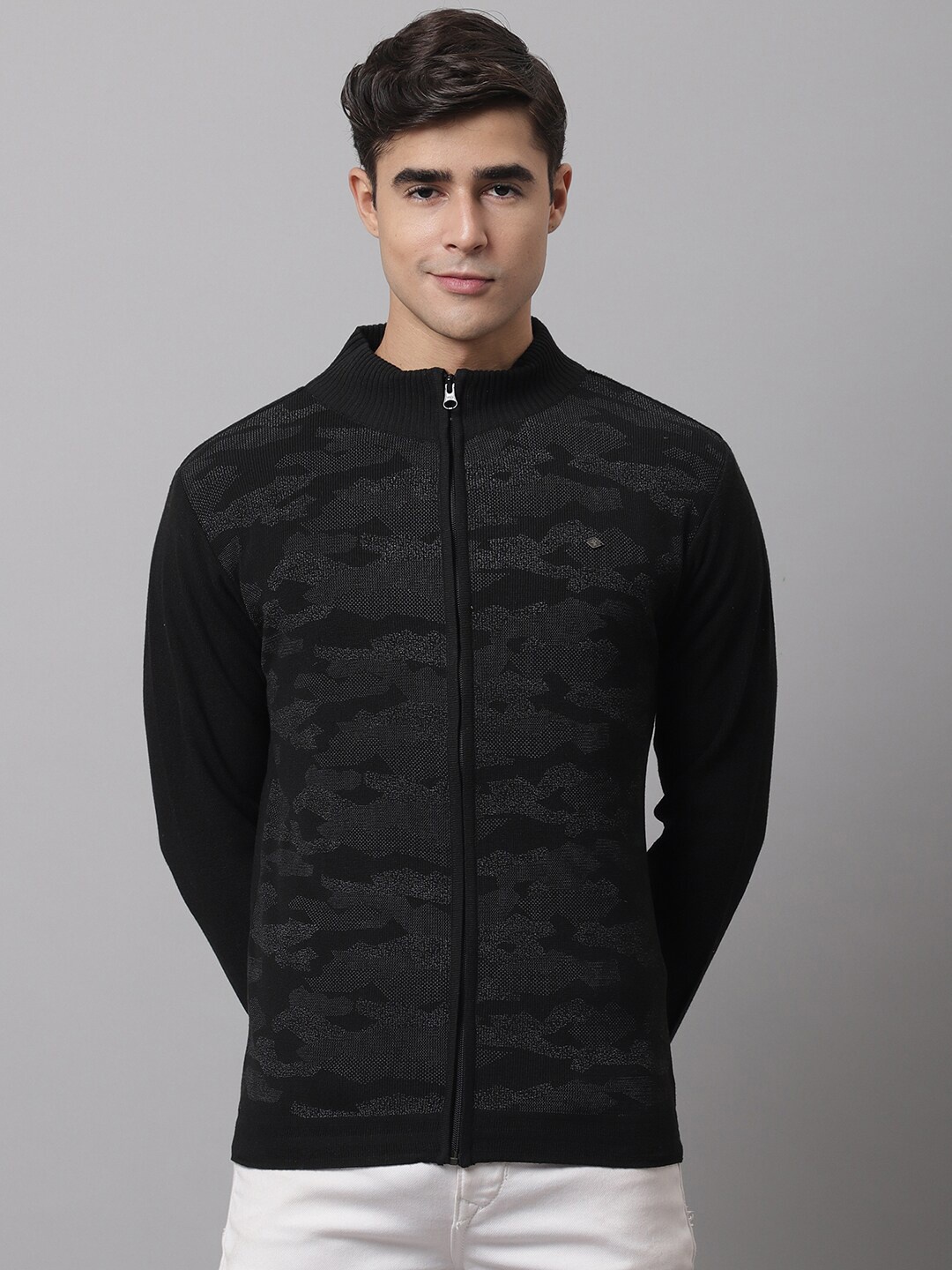 

Cantabil Men Black Printed Cardigan with Applique Detail