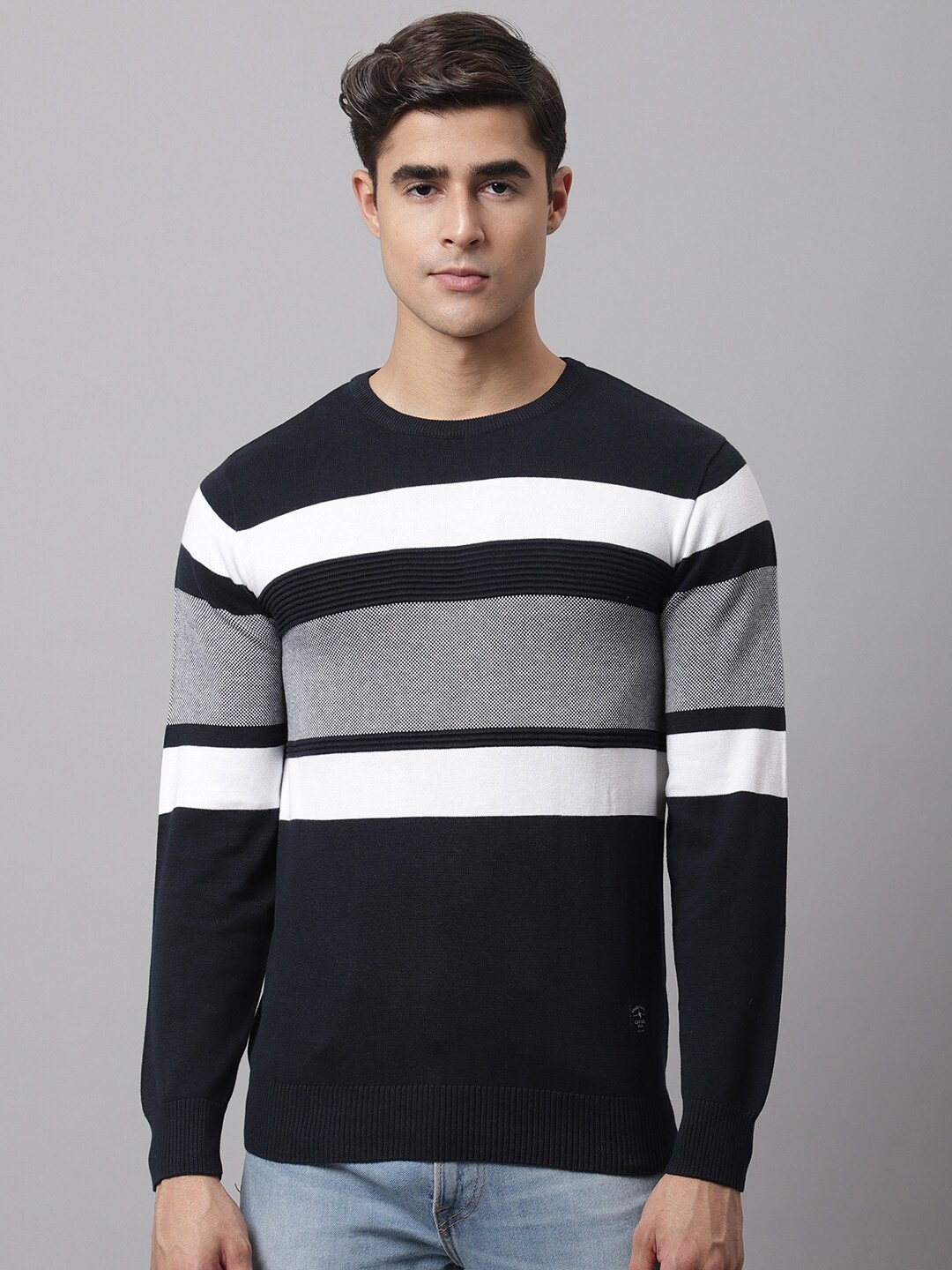

Cantabil Men Navy Blue & Grey Colourblocked Colourblocked Pullover