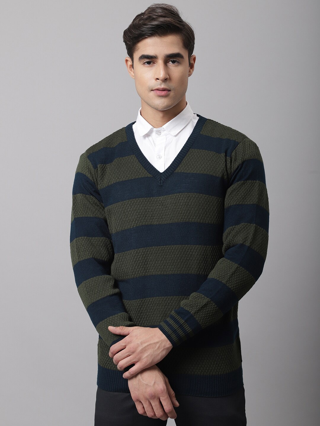 

Cantabil Men Olive Green & Blue Striped Striped Pullover