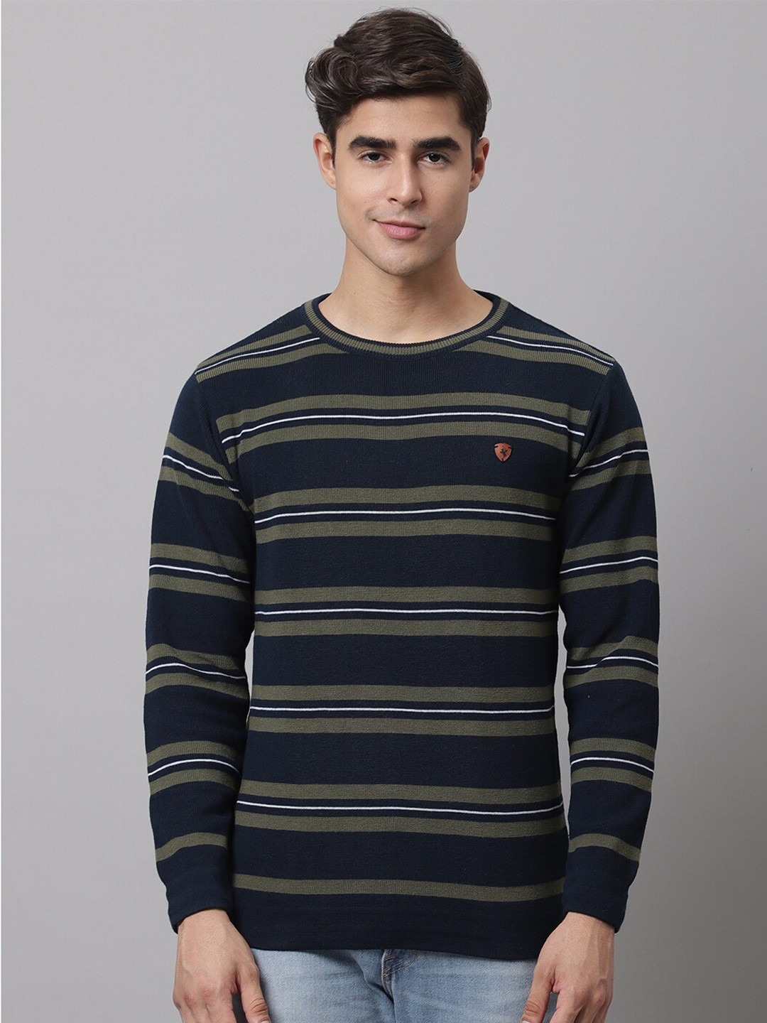 

Cantabil Men Olive Green & Navy Blue Striped Striped Pullover