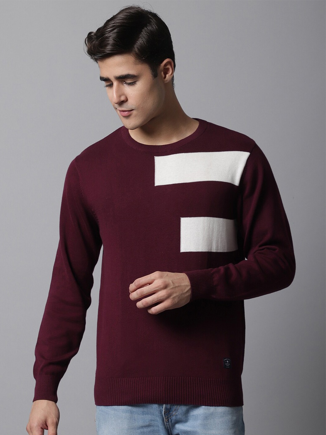 

Cantabil Men Maroon & White Colourblocked Colourblocked Pullover